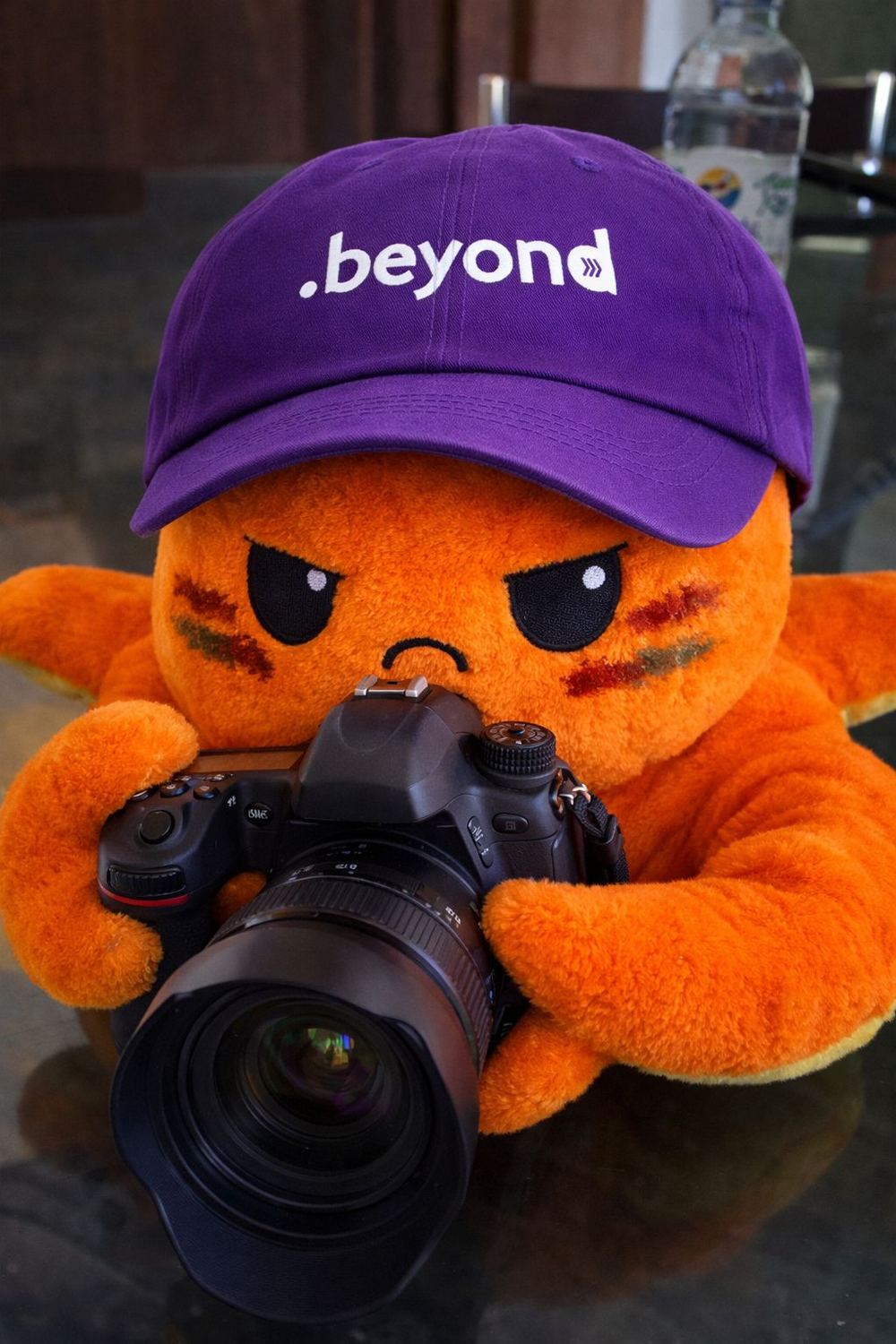 Polvo de pelúcia laranja com boné roxo da Beyond segurando uma câmera